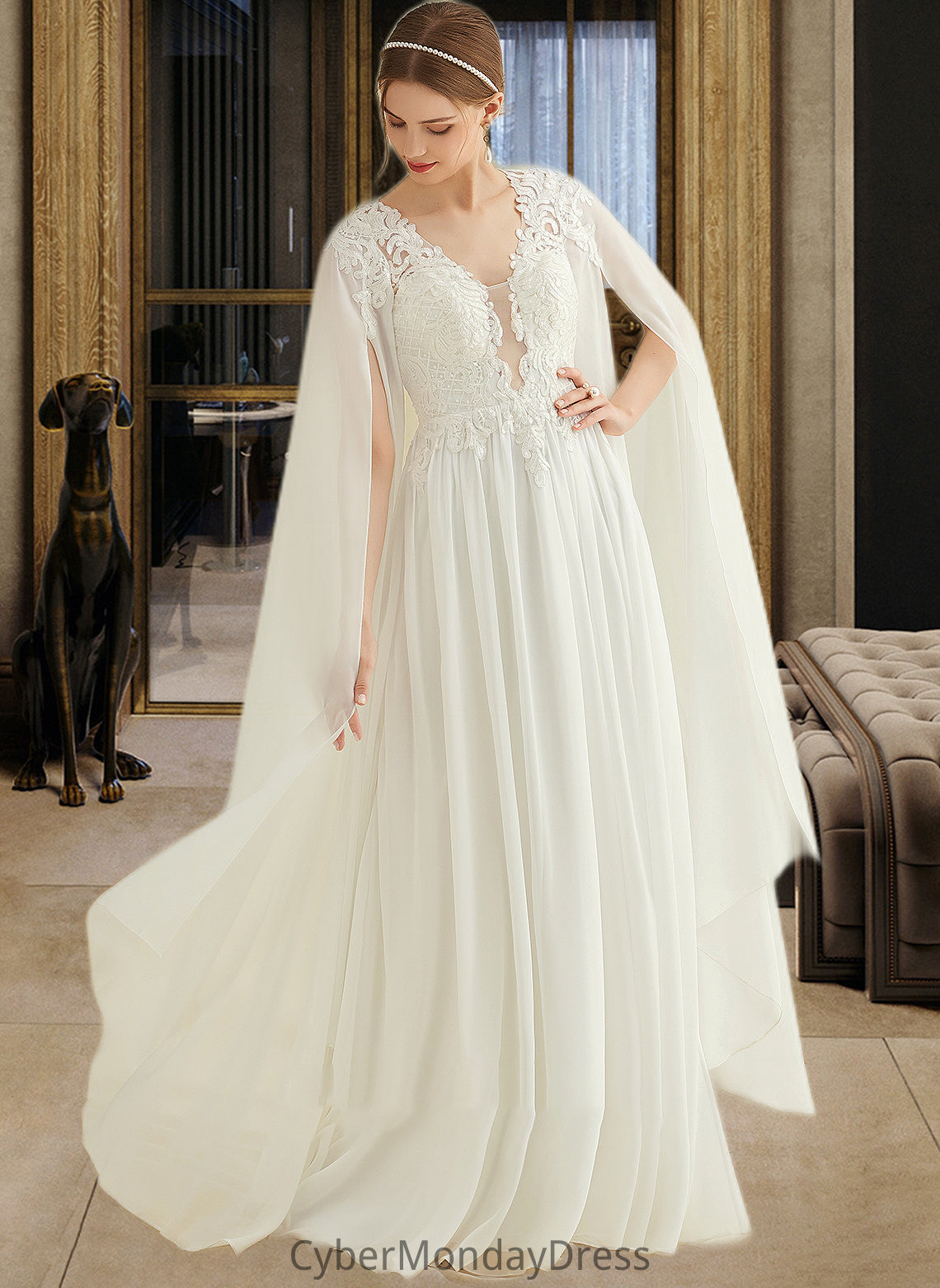 Livia A-Line V-neck Floor-Length Chiffon Lace Wedding Dress With Sequins DTP0013736