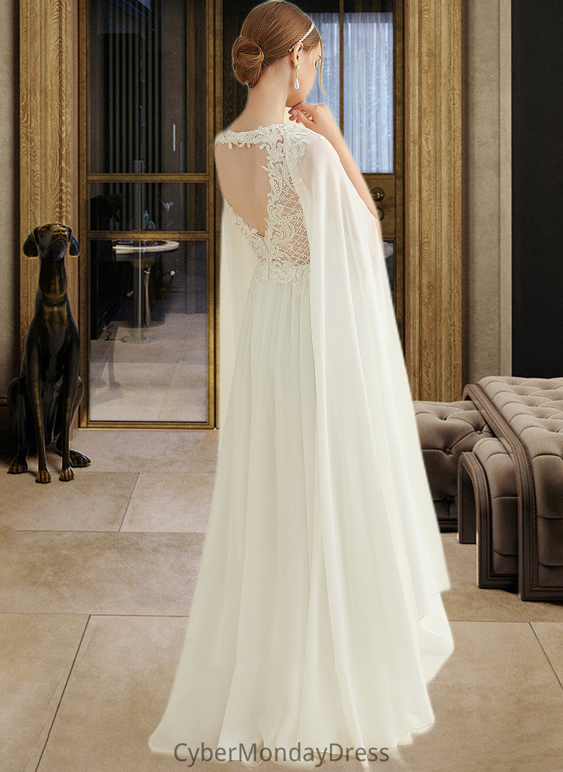 Livia A-Line V-neck Floor-Length Chiffon Lace Wedding Dress With Sequins DTP0013736