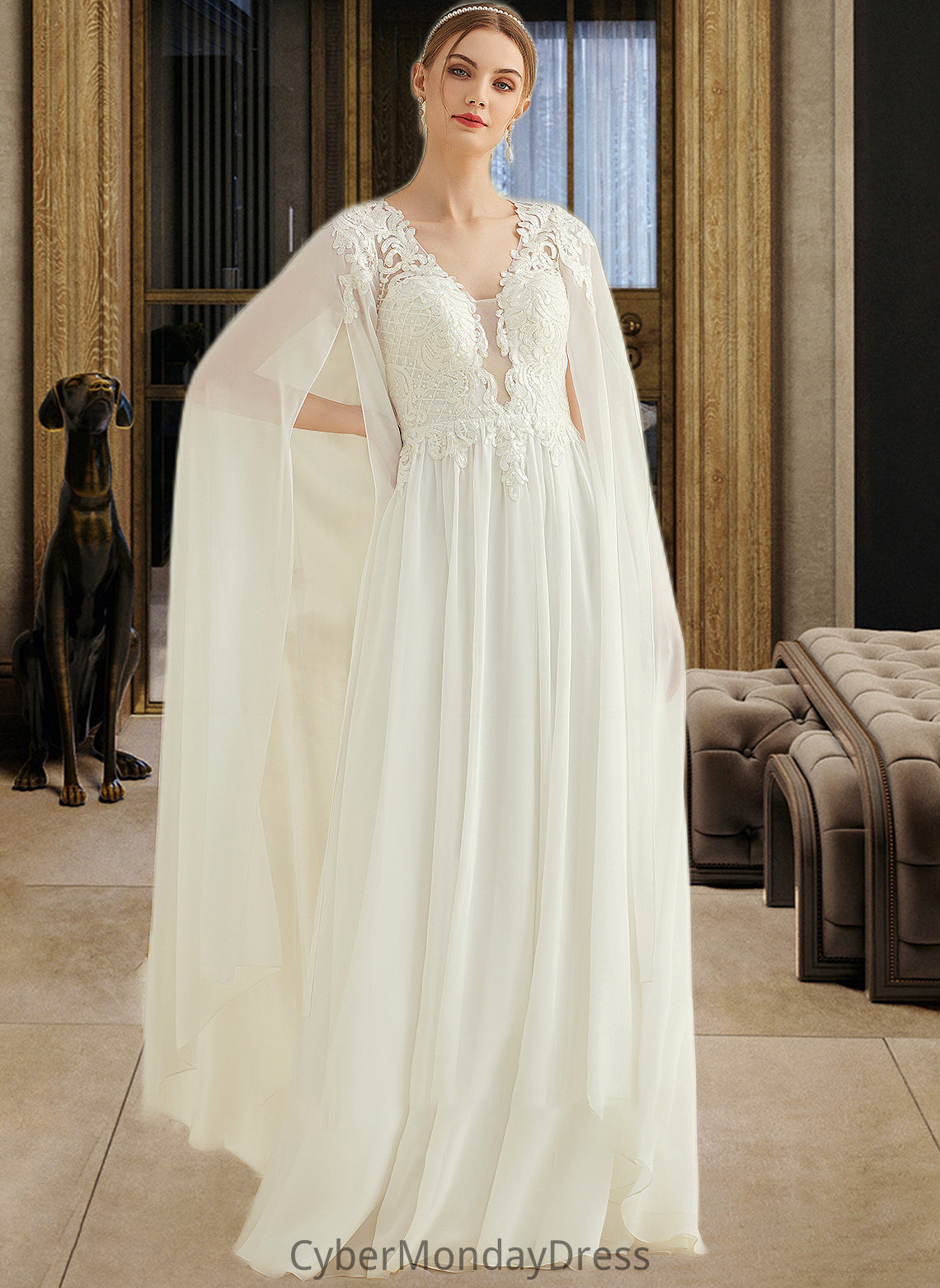 Livia A-Line V-neck Floor-Length Chiffon Lace Wedding Dress With Sequins DTP0013736