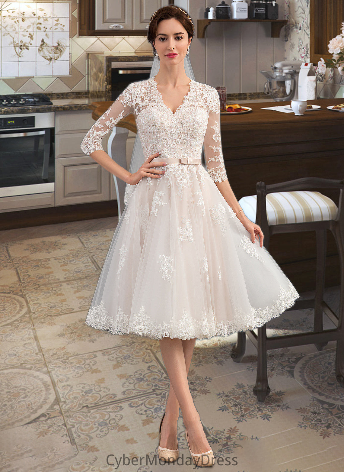 Amiah A-Line V-neck Knee-Length Tulle Wedding Dress With Bow(s) DTP0013737