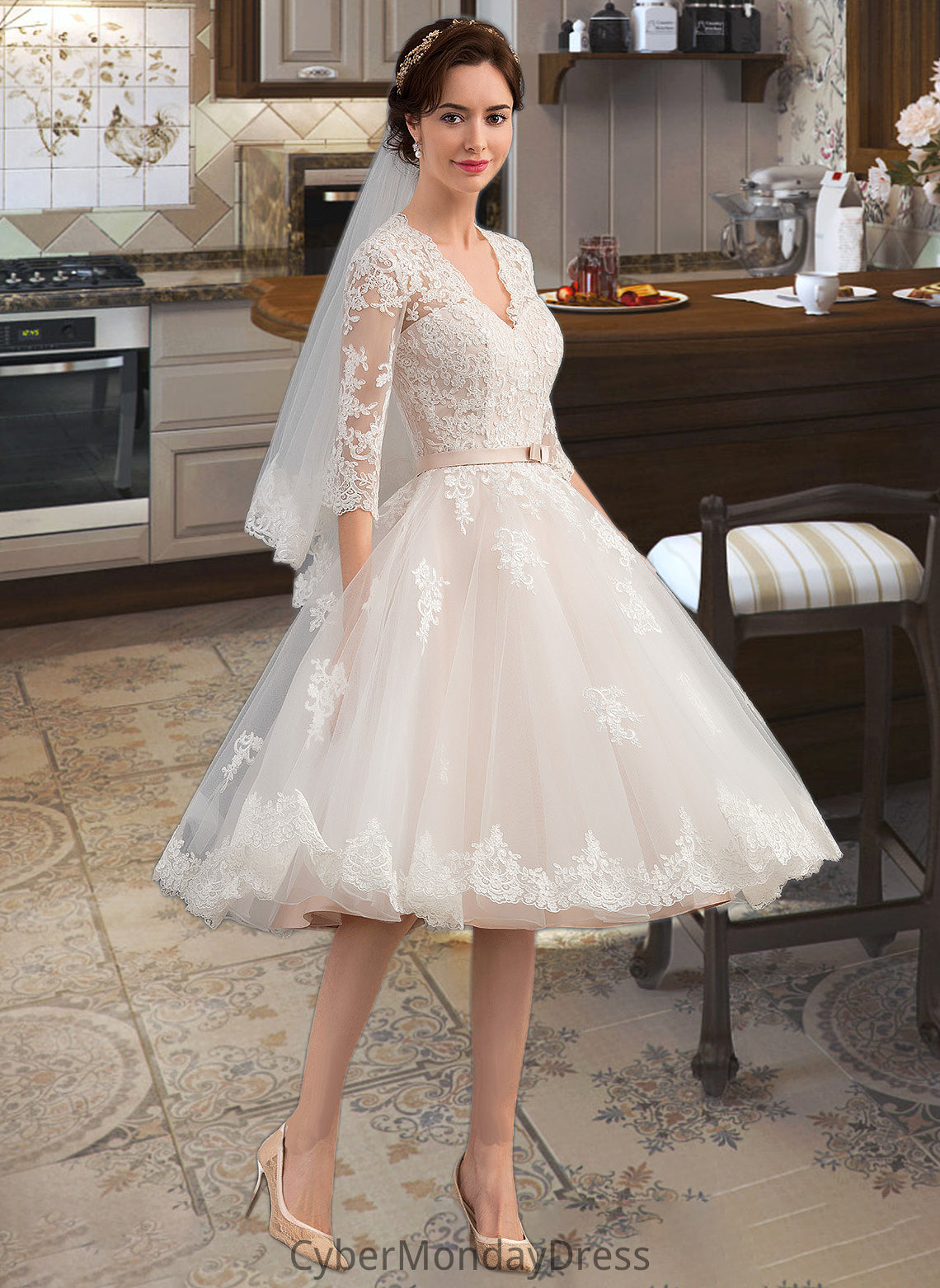 Amiah A-Line V-neck Knee-Length Tulle Wedding Dress With Bow(s) DTP0013737