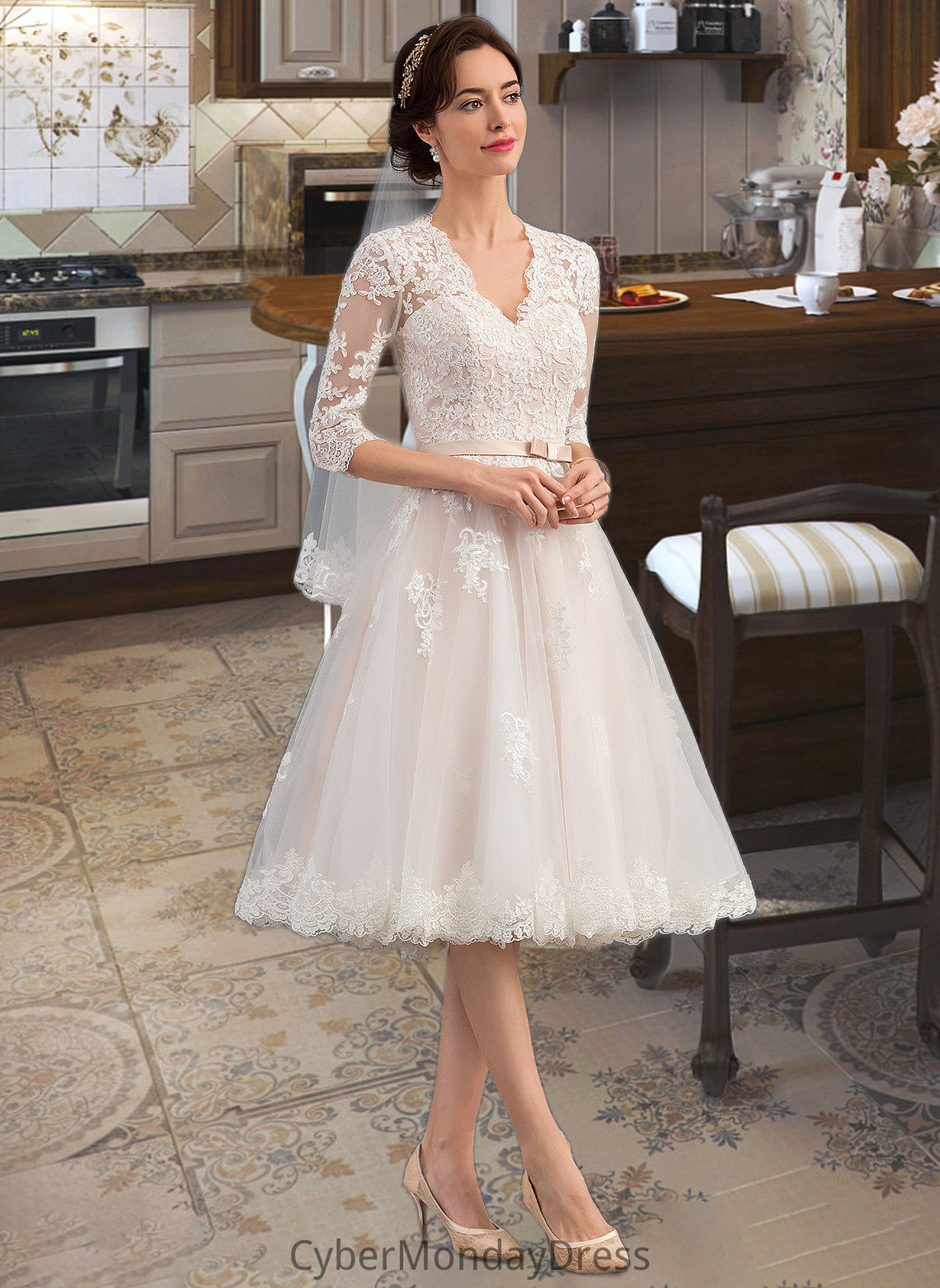 Amiah A-Line V-neck Knee-Length Tulle Wedding Dress With Bow(s) DTP0013737