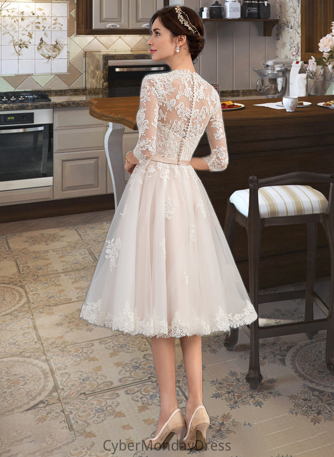 Amiah A-Line V-neck Knee-Length Tulle Wedding Dress With Bow(s) DTP0013737