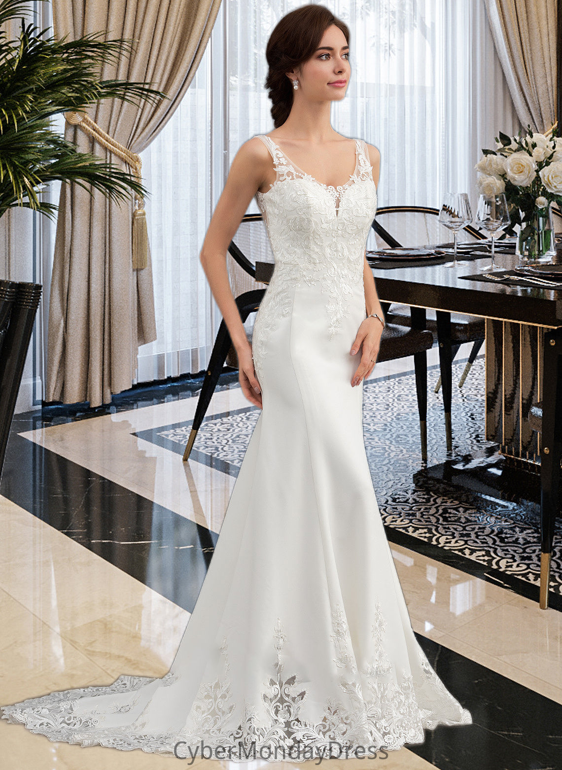 Maggie Trumpet/Mermaid V-neck Court Train Lace Stretch Crepe Wedding Dress With Sequins DTP0013738