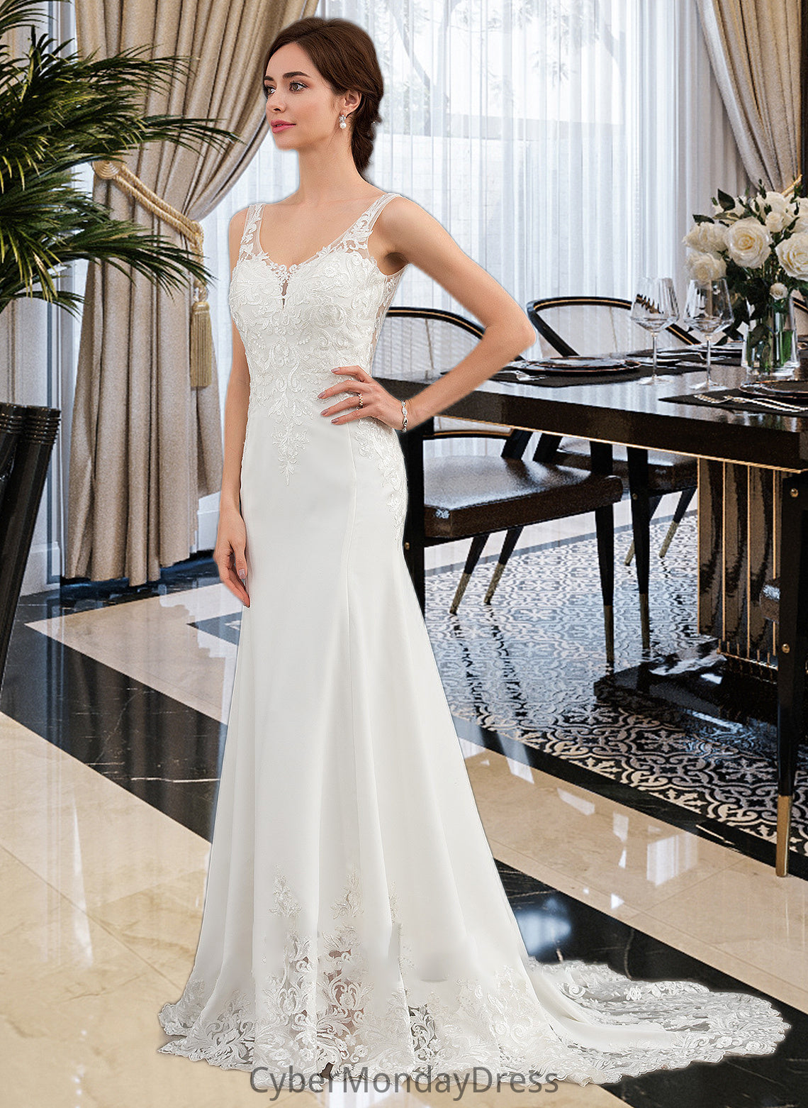 Maggie Trumpet/Mermaid V-neck Court Train Lace Stretch Crepe Wedding Dress With Sequins DTP0013738