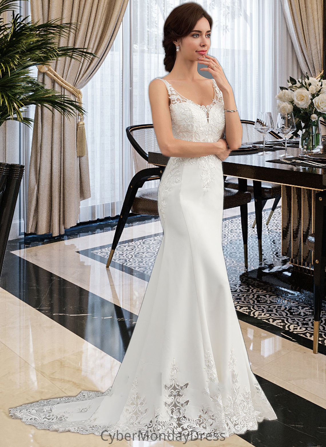 Maggie Trumpet/Mermaid V-neck Court Train Lace Stretch Crepe Wedding Dress With Sequins DTP0013738