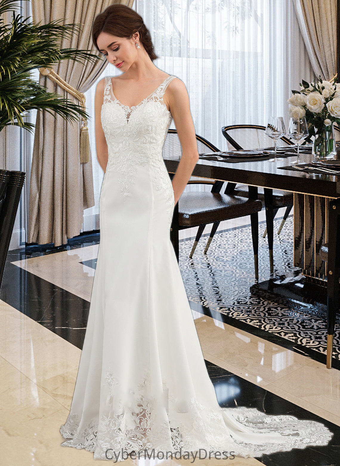 Maggie Trumpet/Mermaid V-neck Court Train Lace Stretch Crepe Wedding Dress With Sequins DTP0013738