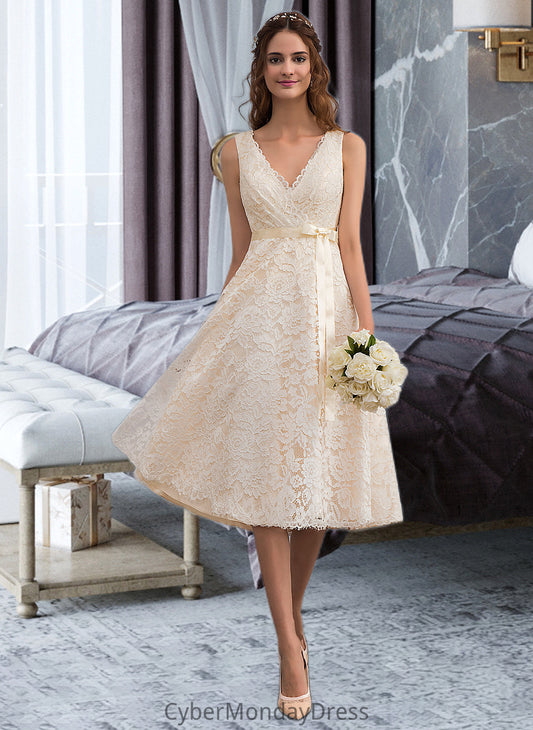 Alissa A-Line V-neck Knee-Length Lace Wedding Dress With Bow(s) DTP0013739