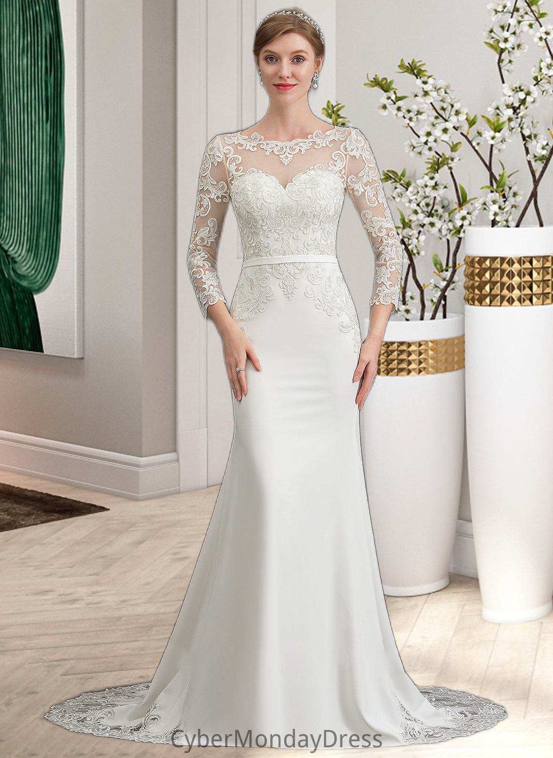 Willow Trumpet/Mermaid Illusion Chapel Train Stretch Crepe Wedding Dress With Lace DTP0013740