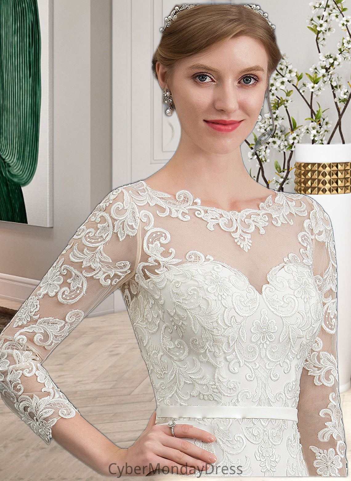 Willow Trumpet/Mermaid Illusion Chapel Train Stretch Crepe Wedding Dress With Lace DTP0013740