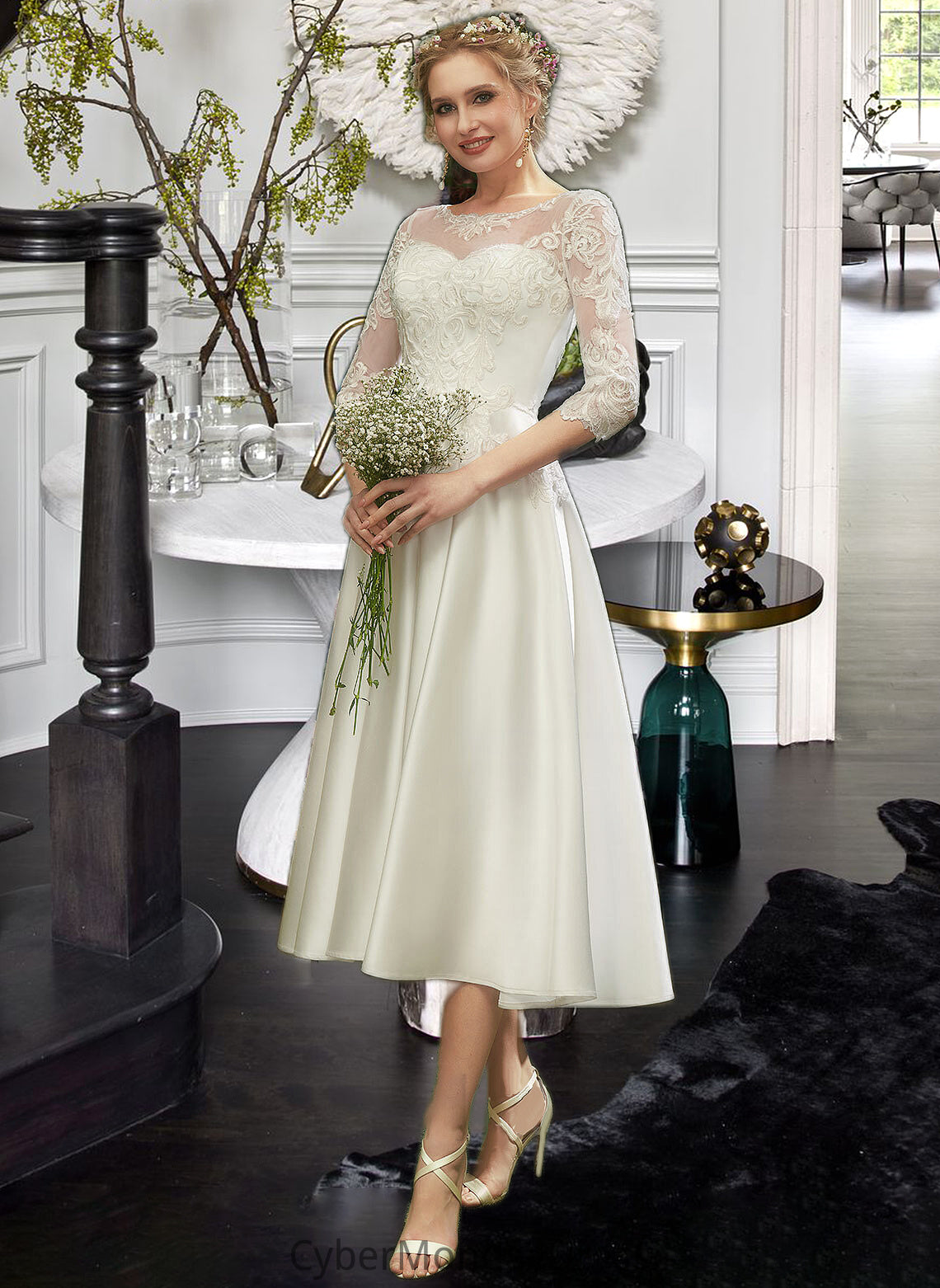 Lilia A-Line Illusion Tea-Length Wedding Dress With Lace DTP0013741