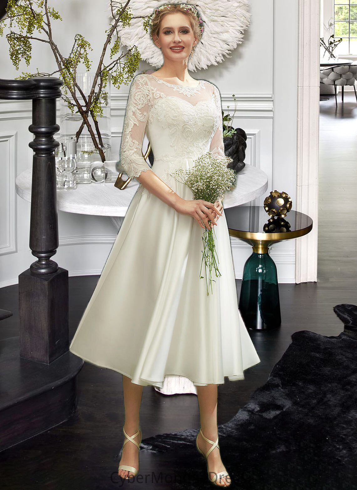 Lilia A-Line Illusion Tea-Length Wedding Dress With Lace DTP0013741