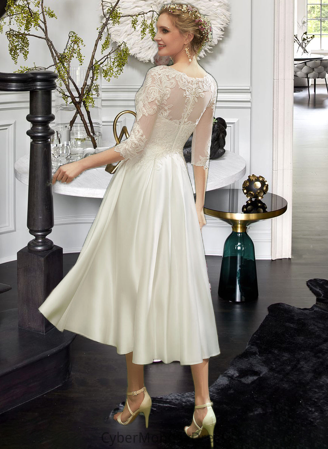 Lilia A-Line Illusion Tea-Length Wedding Dress With Lace DTP0013741