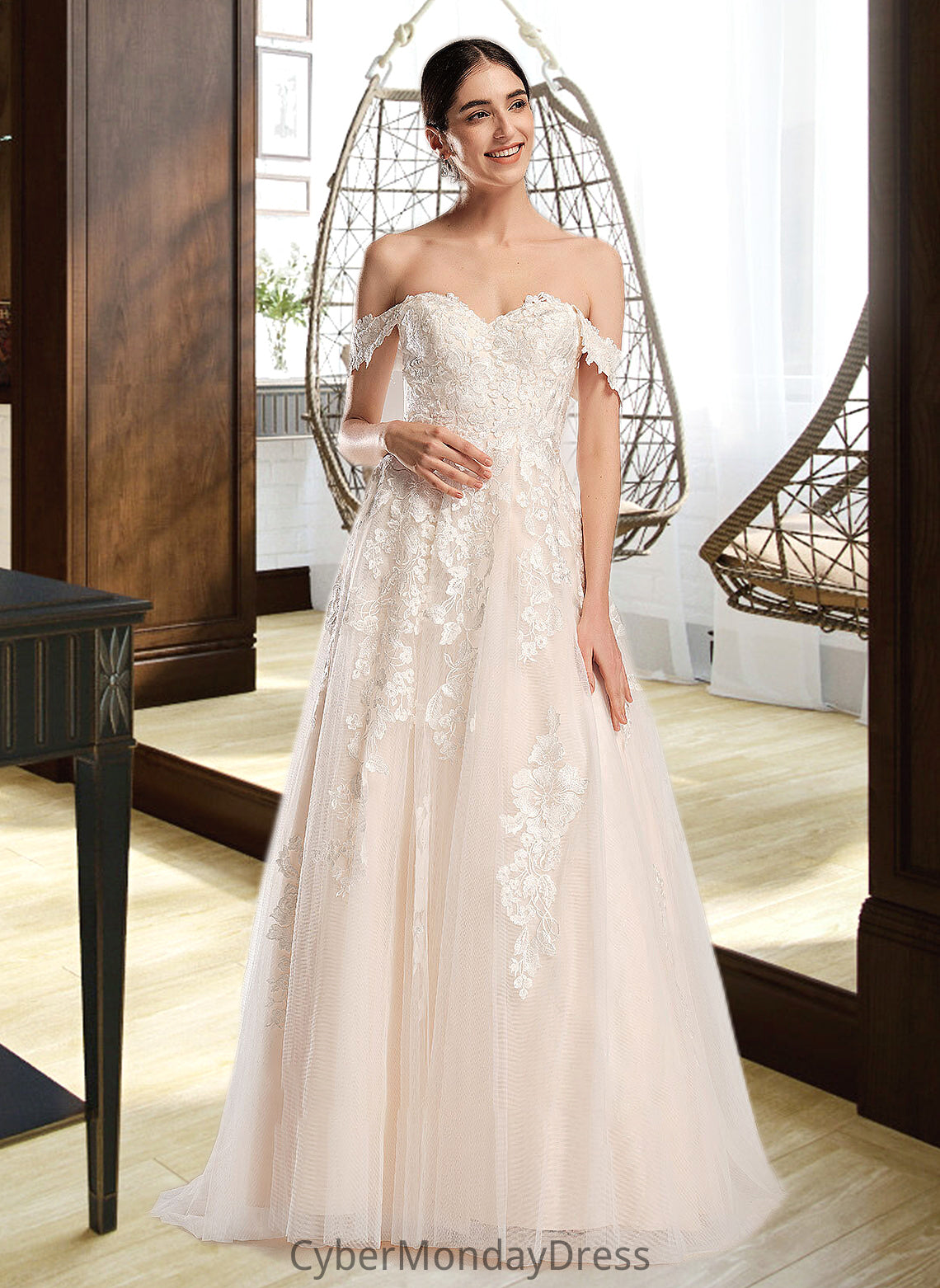 Giuliana Ball-Gown/Princess Off-the-Shoulder Chapel Train Wedding Dress DTP0013742