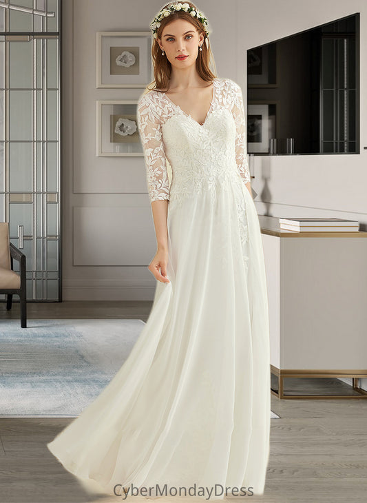 Laylah A-Line V-neck Floor-Length Chiffon Lace Wedding Dress DTP0013745