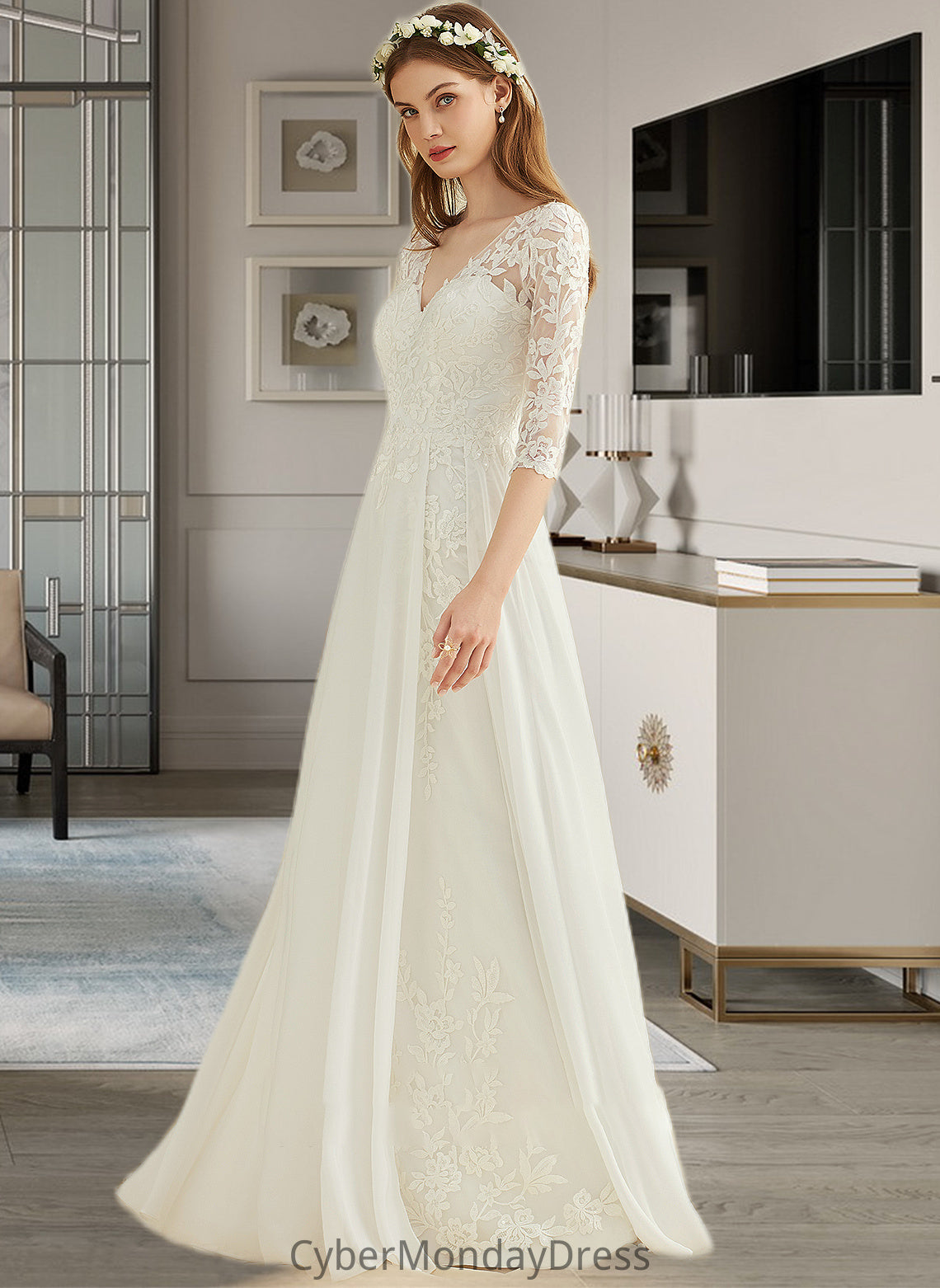 Laylah A-Line V-neck Floor-Length Chiffon Lace Wedding Dress DTP0013745