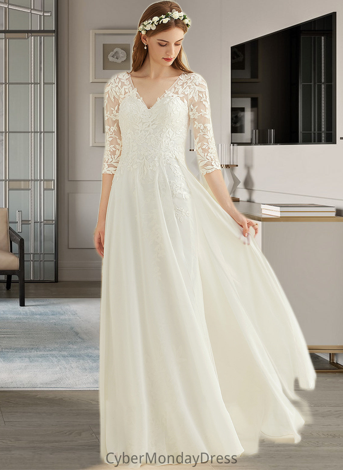 Laylah A-Line V-neck Floor-Length Chiffon Lace Wedding Dress DTP0013745