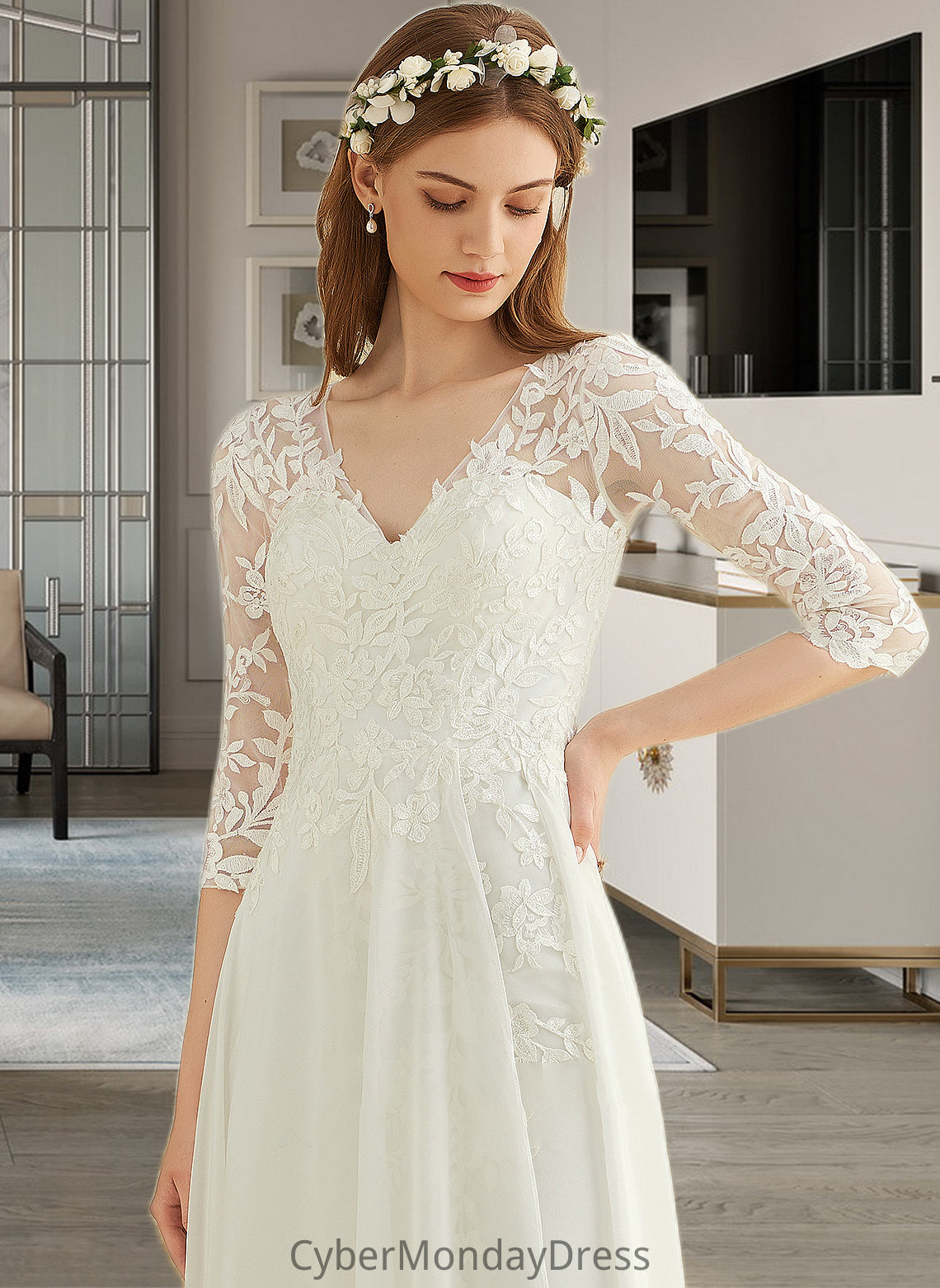 Laylah A-Line V-neck Floor-Length Chiffon Lace Wedding Dress DTP0013745