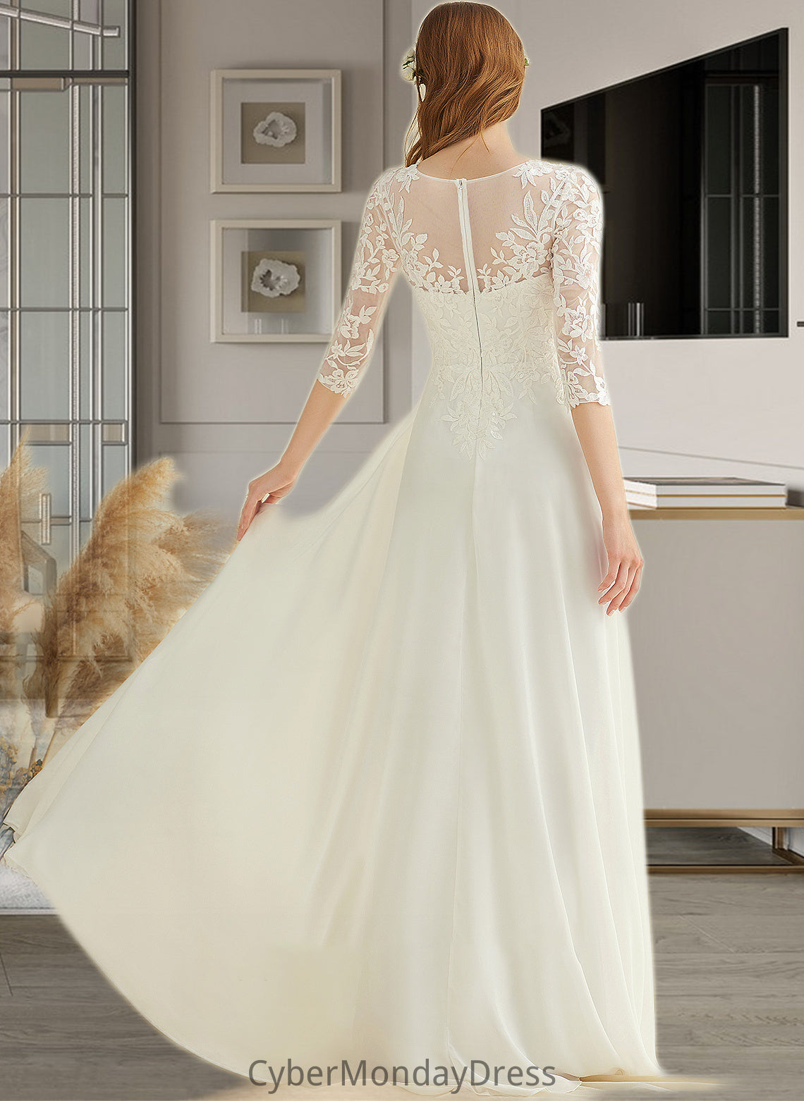 Laylah A-Line V-neck Floor-Length Chiffon Lace Wedding Dress DTP0013745