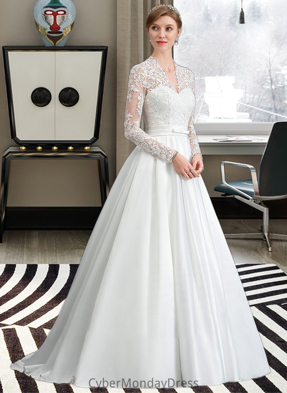 Mimi Ball-Gown/Princess V-neck Court Train Satin Wedding Dress With Bow(s) DTP0013746