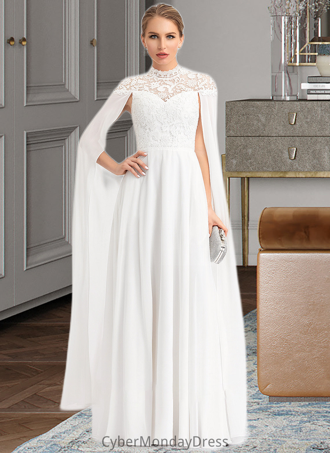 Maryjane A-Line High Neck Floor-Length Chiffon Wedding Dress DTP0013748