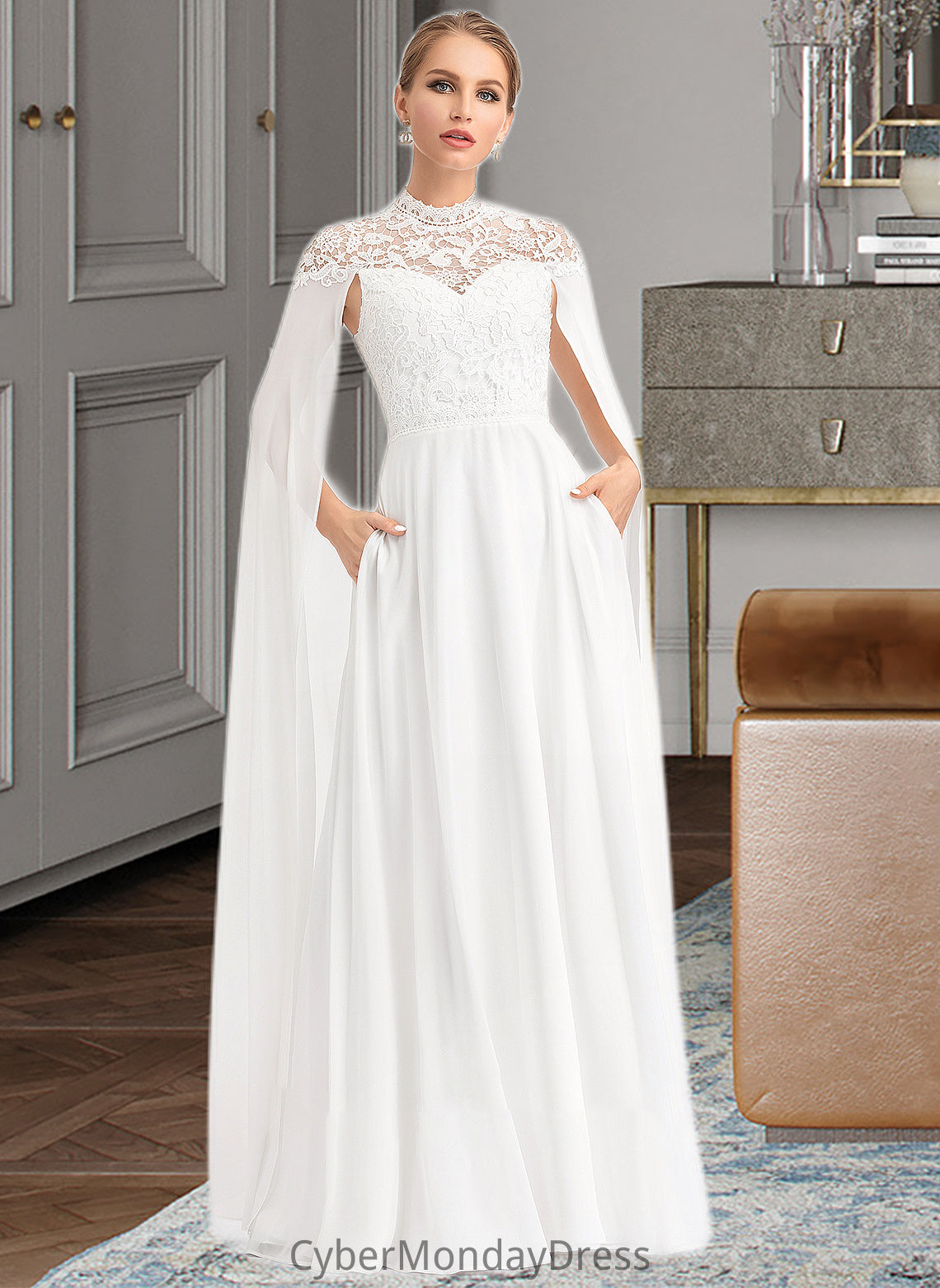 Maryjane A-Line High Neck Floor-Length Chiffon Wedding Dress DTP0013748