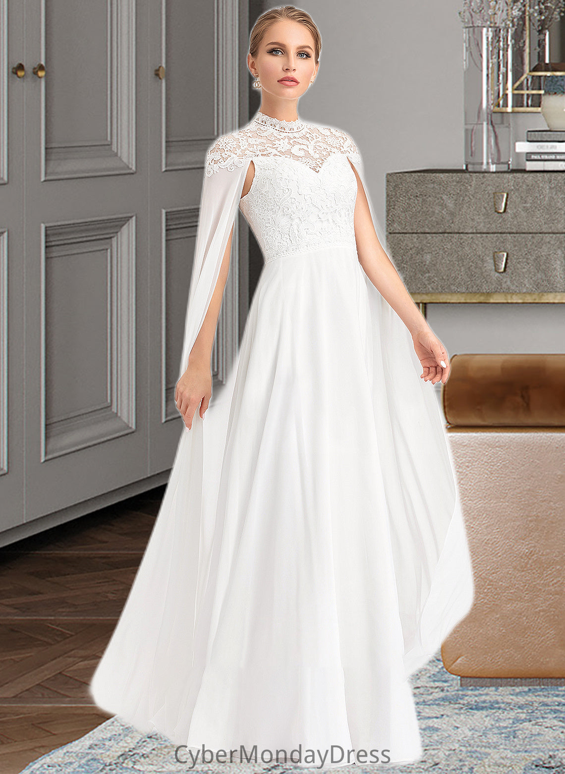 Maryjane A-Line High Neck Floor-Length Chiffon Wedding Dress DTP0013748