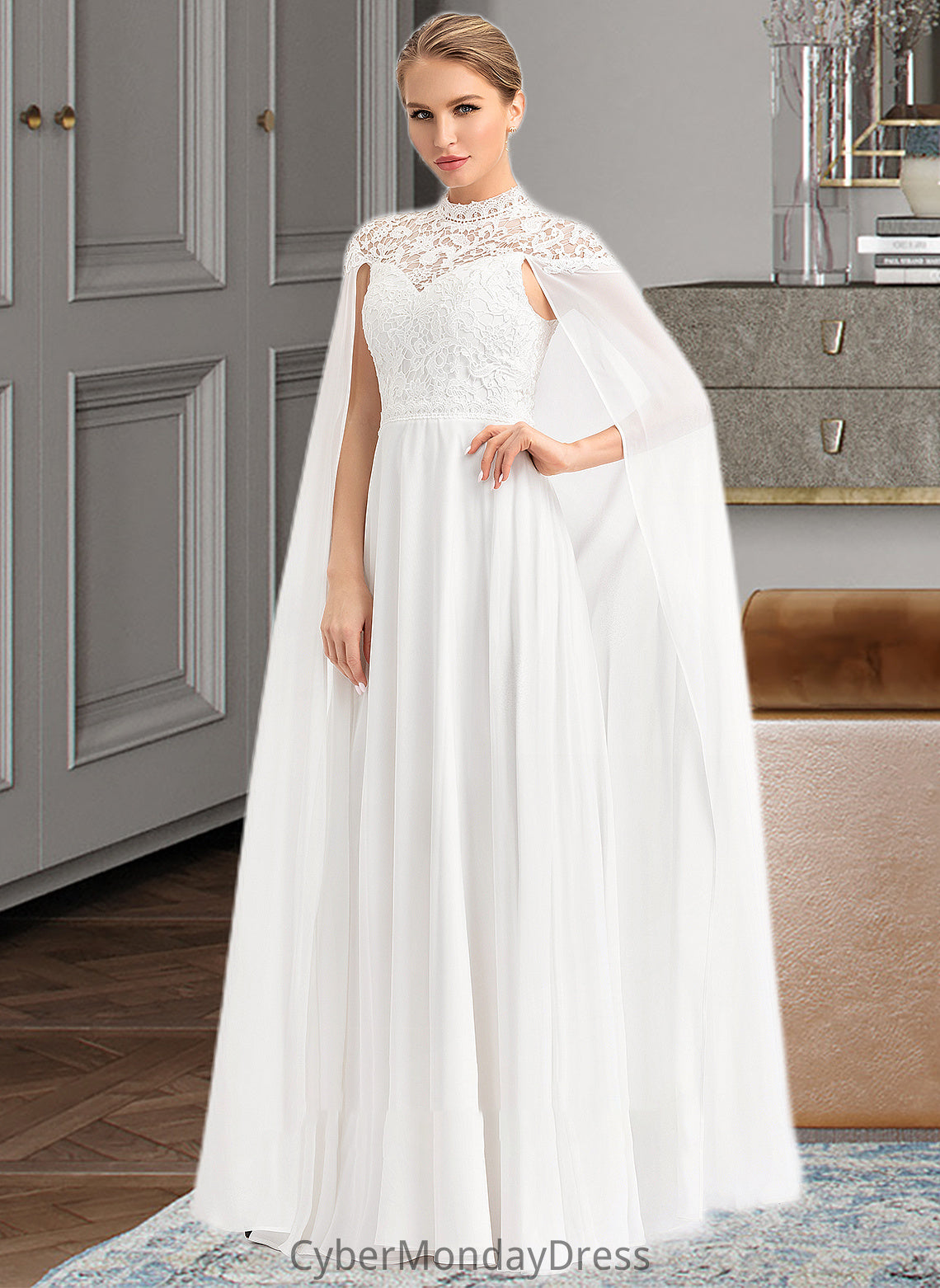 Maryjane A-Line High Neck Floor-Length Chiffon Wedding Dress DTP0013748