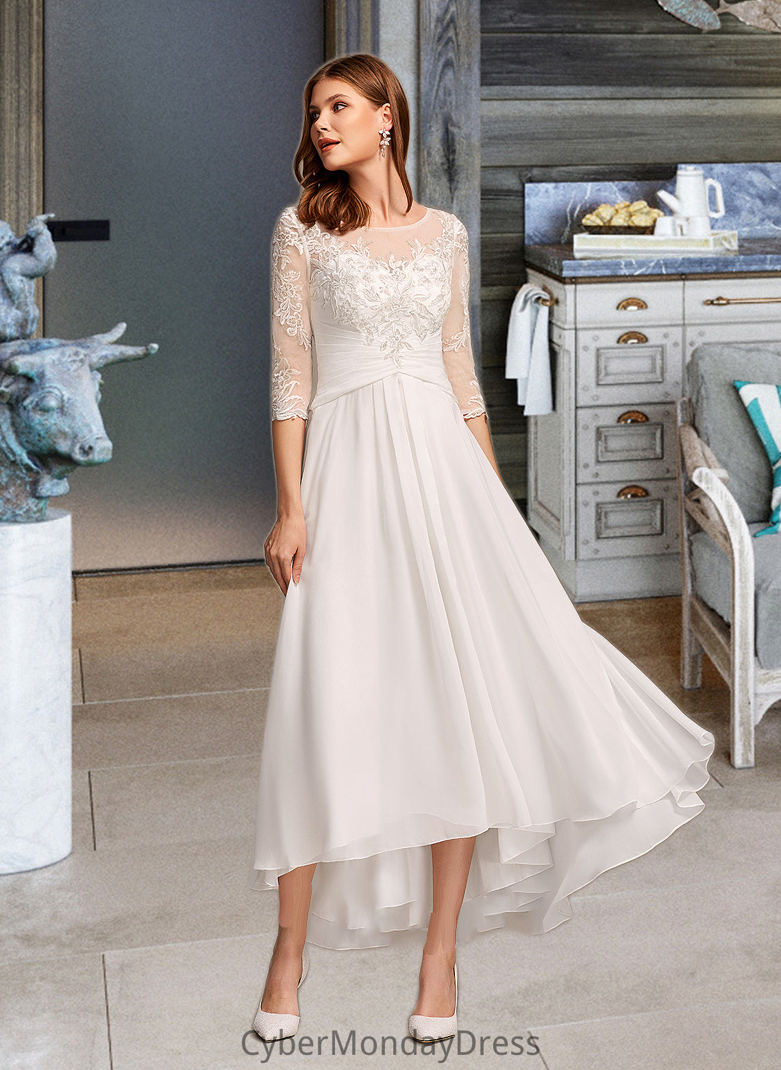 Avah A-Line Illusion Asymmetrical Wedding Dress With Lace DTP0013749