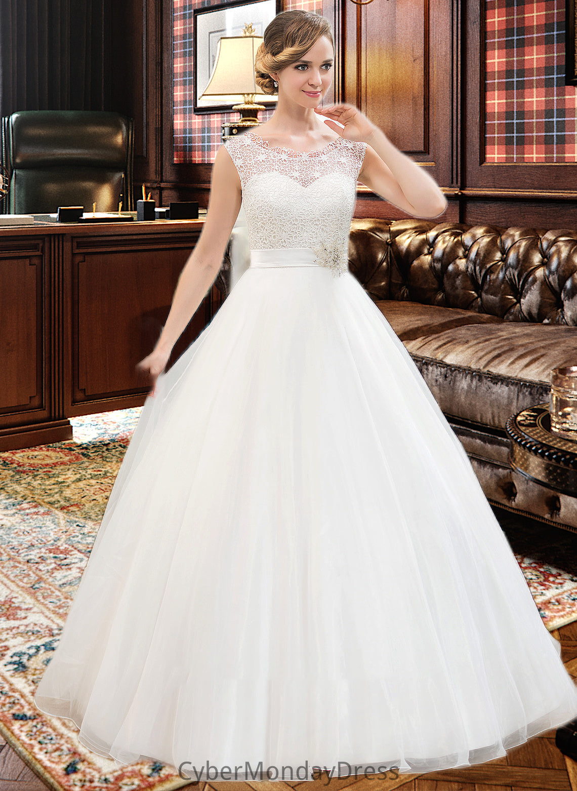 Lesley Ball-Gown/Princess Scoop Neck Sweep Train Organza Lace Wedding Dress With Beading Sequins DTP0013751