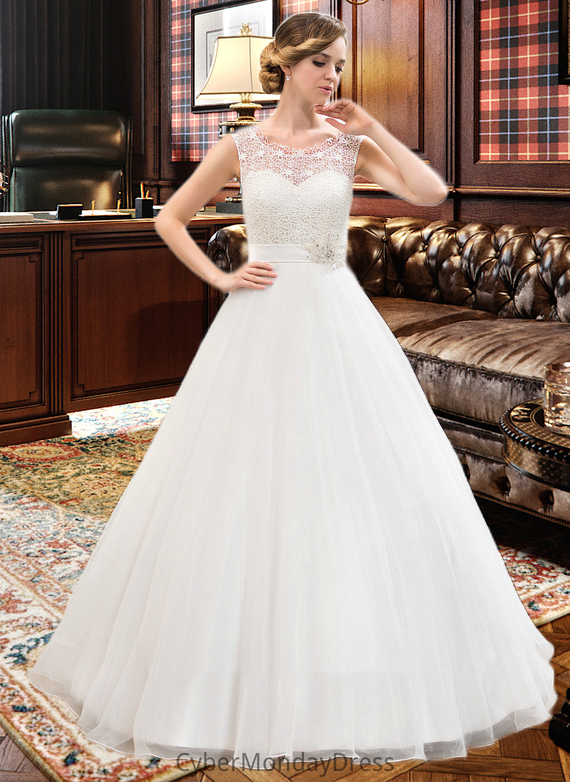 Lesley Ball-Gown/Princess Scoop Neck Sweep Train Organza Lace Wedding Dress With Beading Sequins DTP0013751