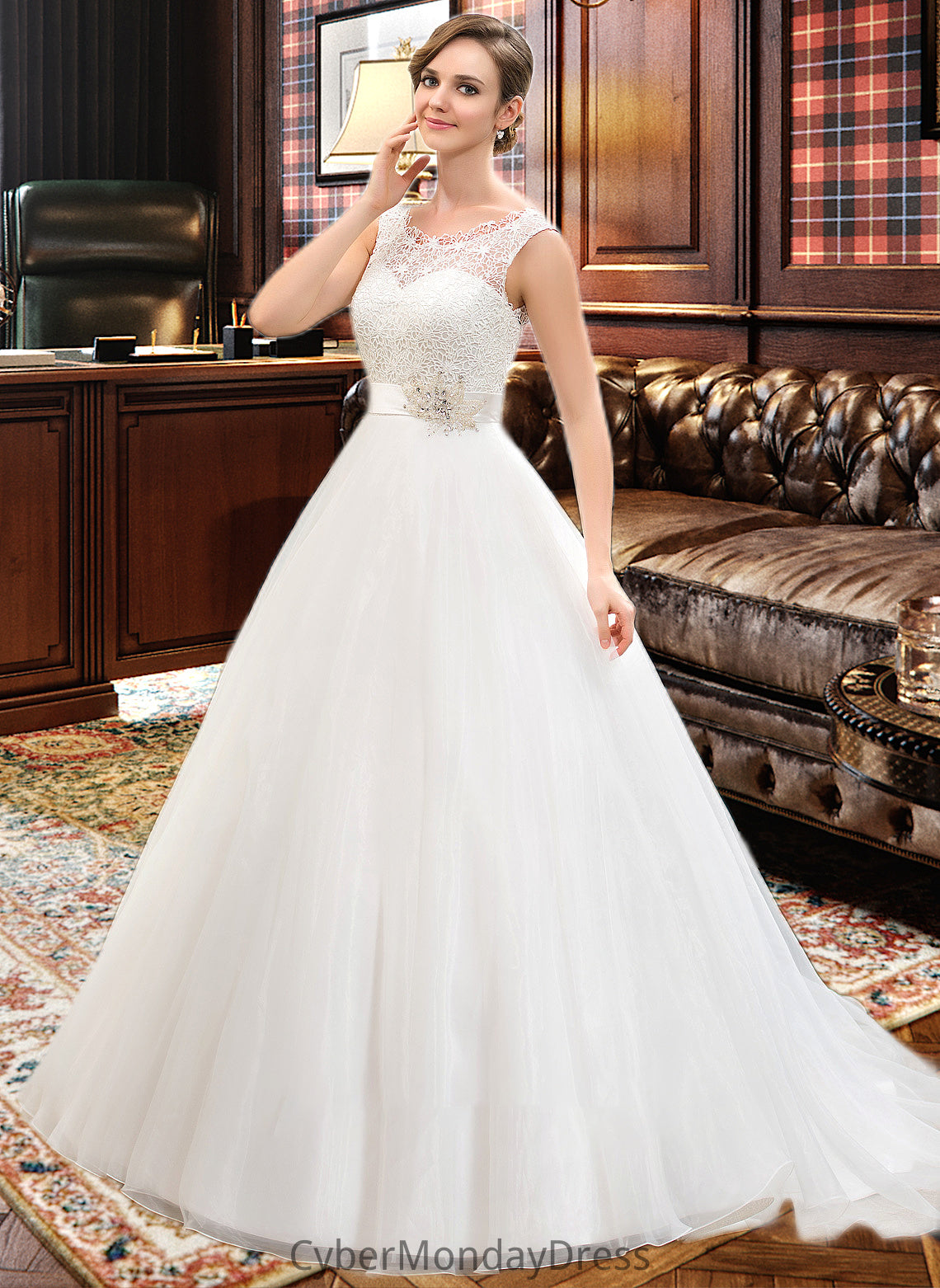 Lesley Ball-Gown/Princess Scoop Neck Sweep Train Organza Lace Wedding Dress With Beading Sequins DTP0013751