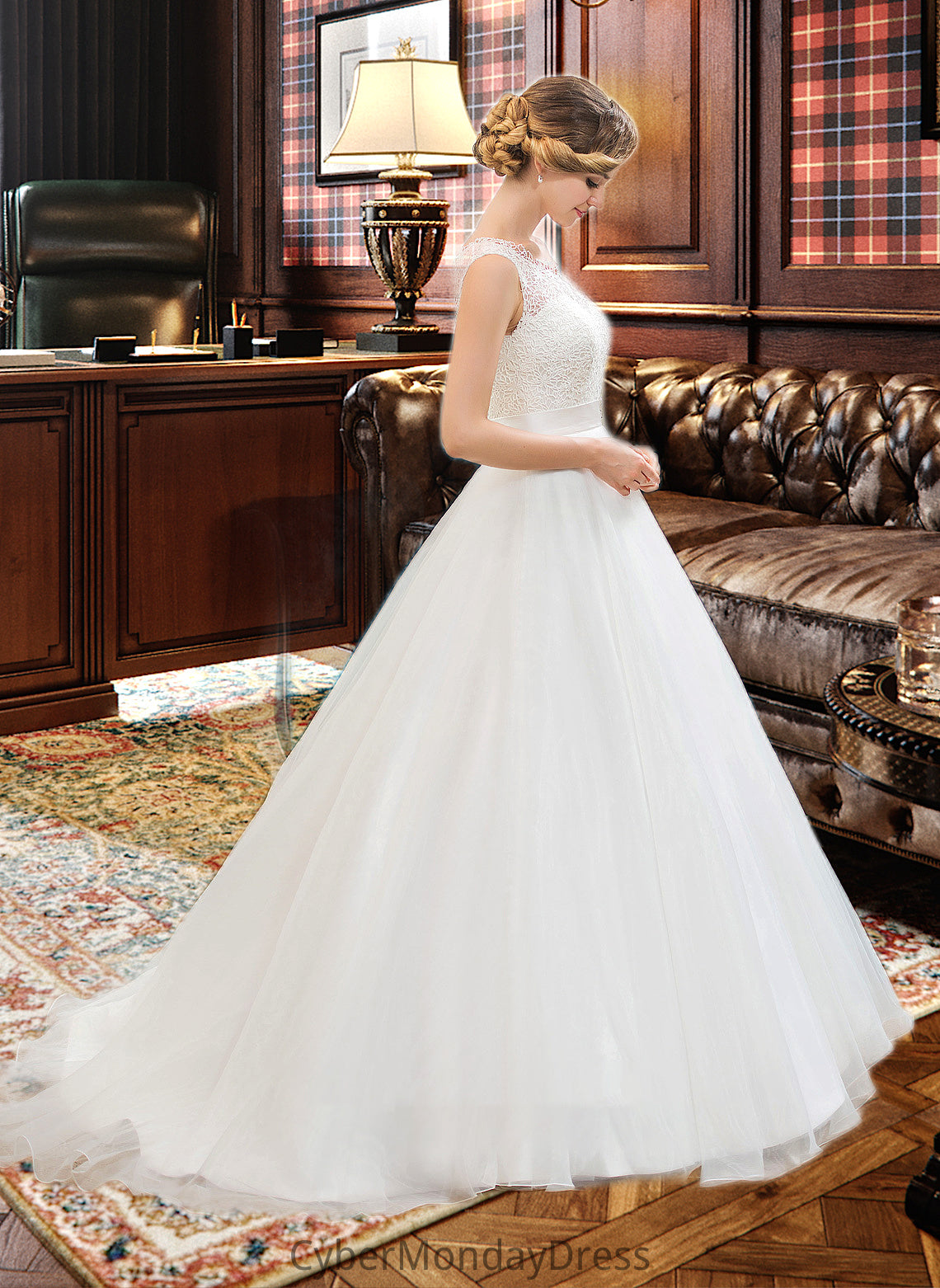 Lesley Ball-Gown/Princess Scoop Neck Sweep Train Organza Lace Wedding Dress With Beading Sequins DTP0013751