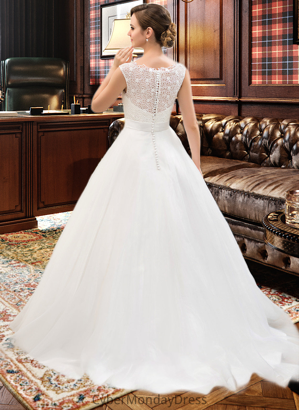 Lesley Ball-Gown/Princess Scoop Neck Sweep Train Organza Lace Wedding Dress With Beading Sequins DTP0013751