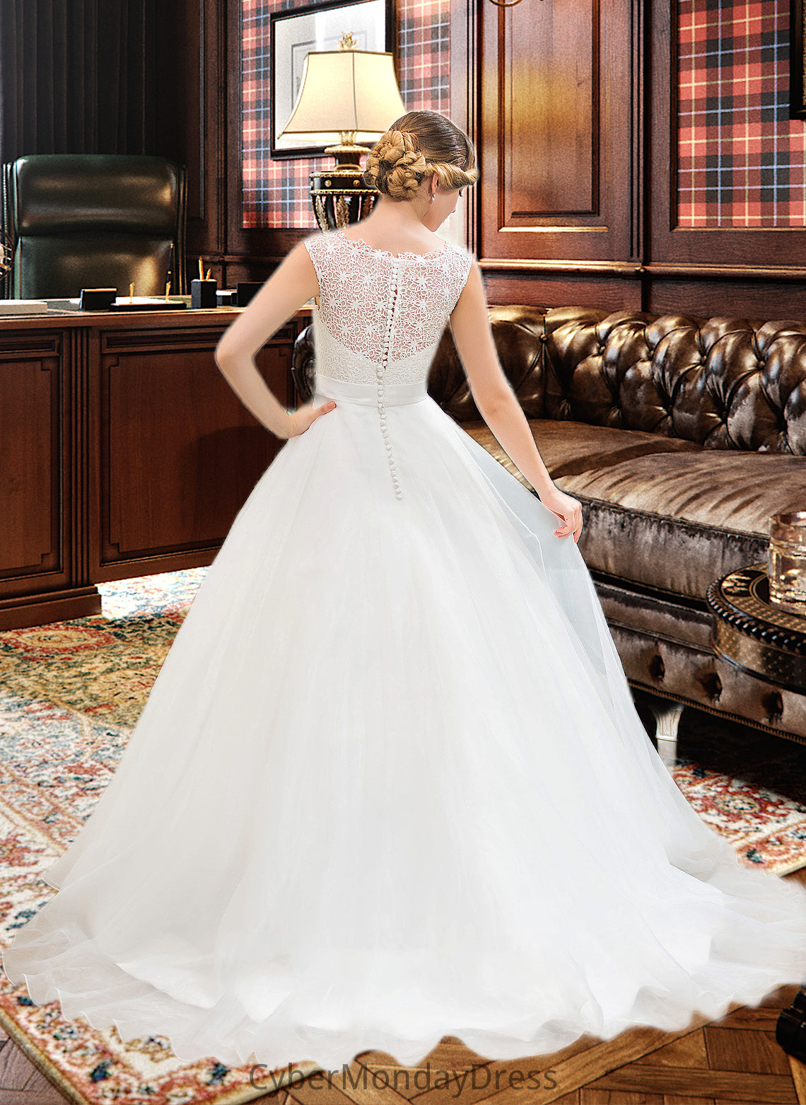 Lesley Ball-Gown/Princess Scoop Neck Sweep Train Organza Lace Wedding Dress With Beading Sequins DTP0013751