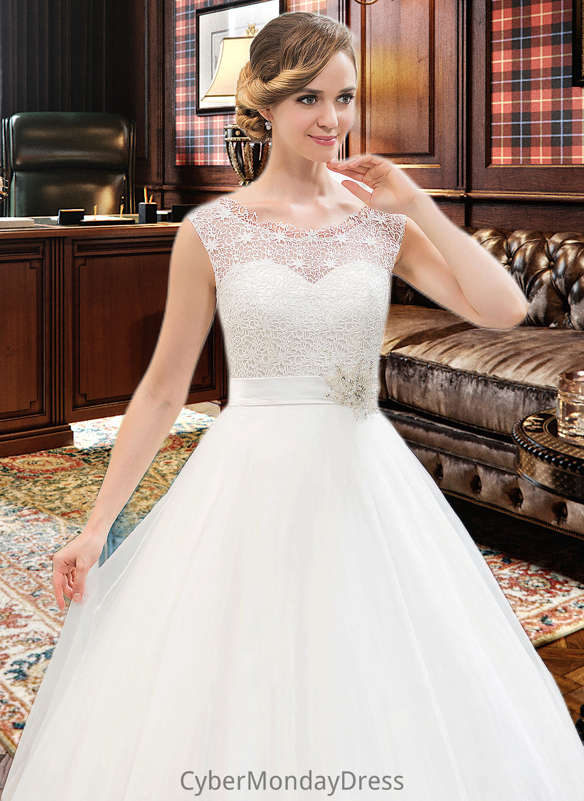 Lesley Ball-Gown/Princess Scoop Neck Sweep Train Organza Lace Wedding Dress With Beading Sequins DTP0013751