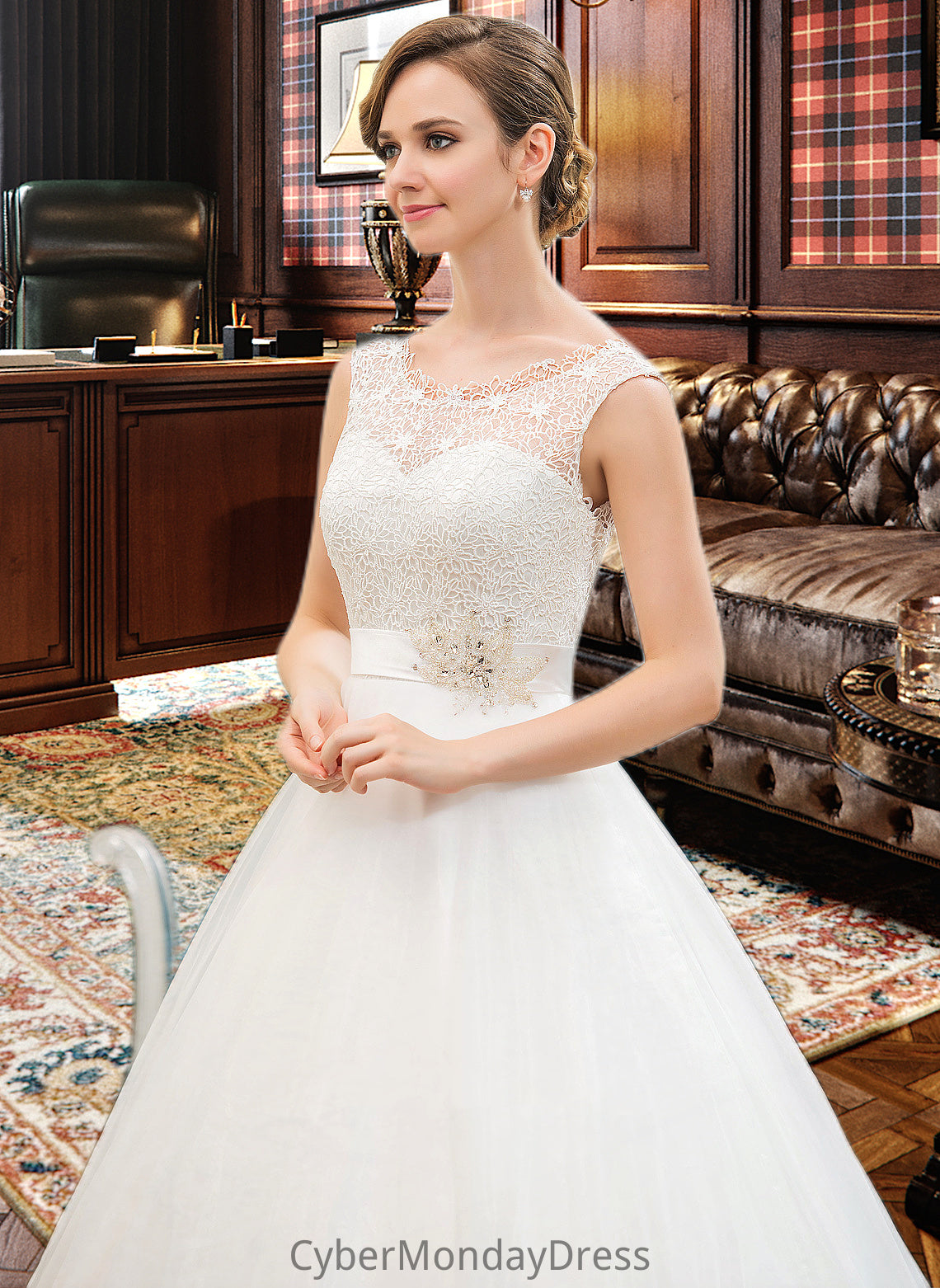 Lesley Ball-Gown/Princess Scoop Neck Sweep Train Organza Lace Wedding Dress With Beading Sequins DTP0013751