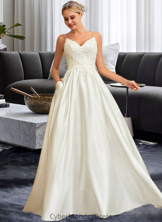 Reagan Ball-Gown/Princess V-neck Sweep Train Satin Lace Wedding Dress With Lace Beading Sequins Pockets DTP0013771