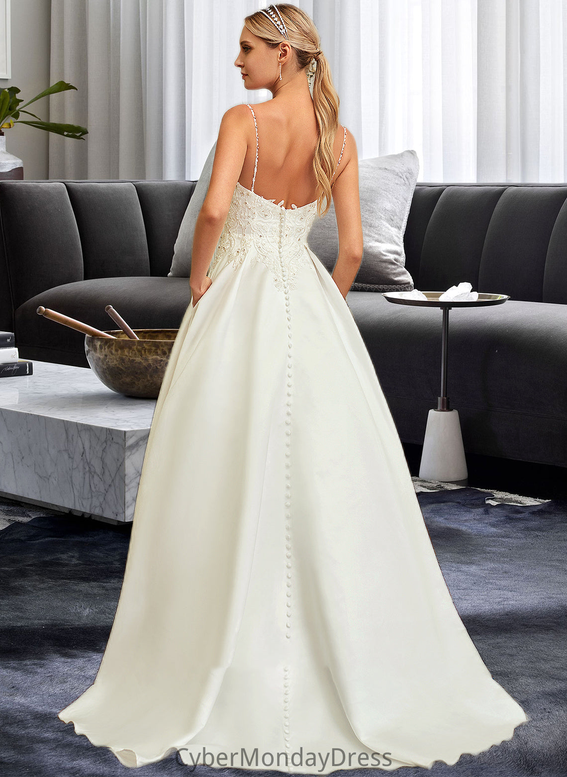 Reagan Ball-Gown/Princess V-neck Sweep Train Satin Lace Wedding Dress With Lace Beading Sequins Pockets DTP0013771