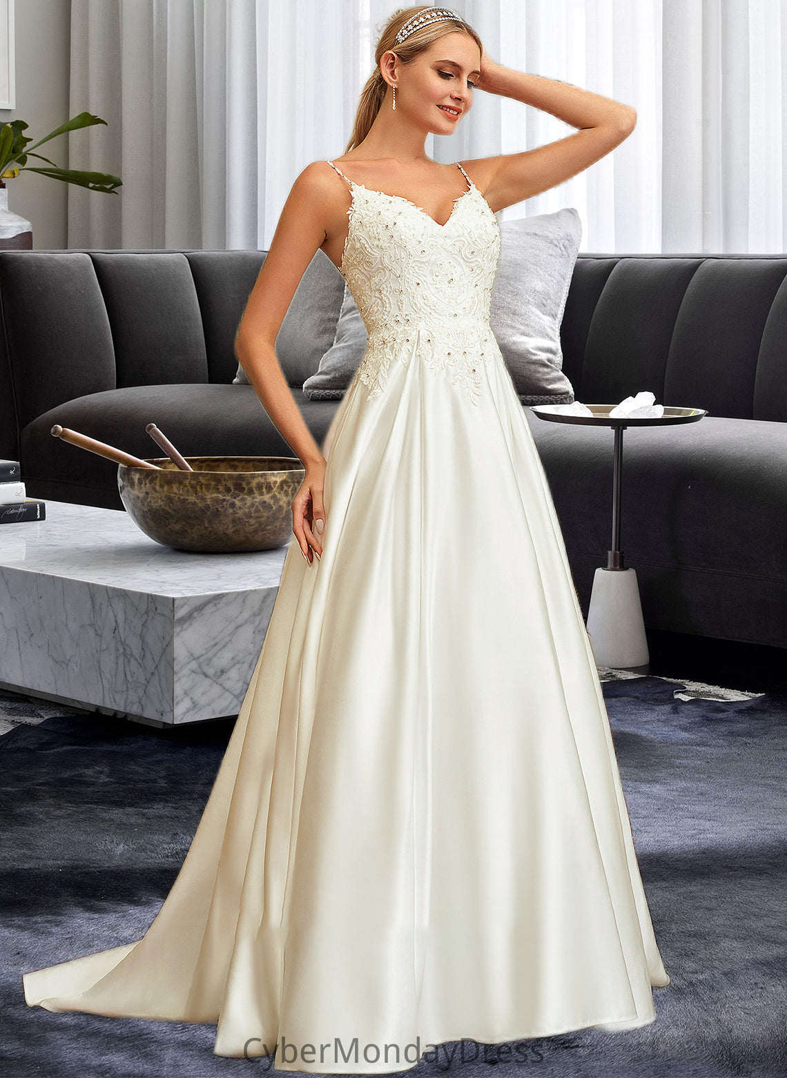 Reagan Ball-Gown/Princess V-neck Sweep Train Satin Lace Wedding Dress With Lace Beading Sequins Pockets DTP0013771