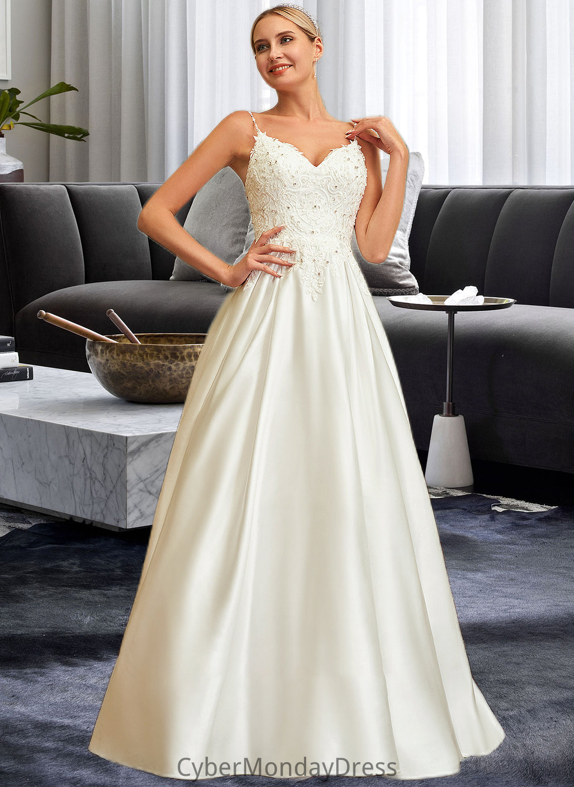 Reagan Ball-Gown/Princess V-neck Sweep Train Satin Lace Wedding Dress With Lace Beading Sequins Pockets DTP0013771