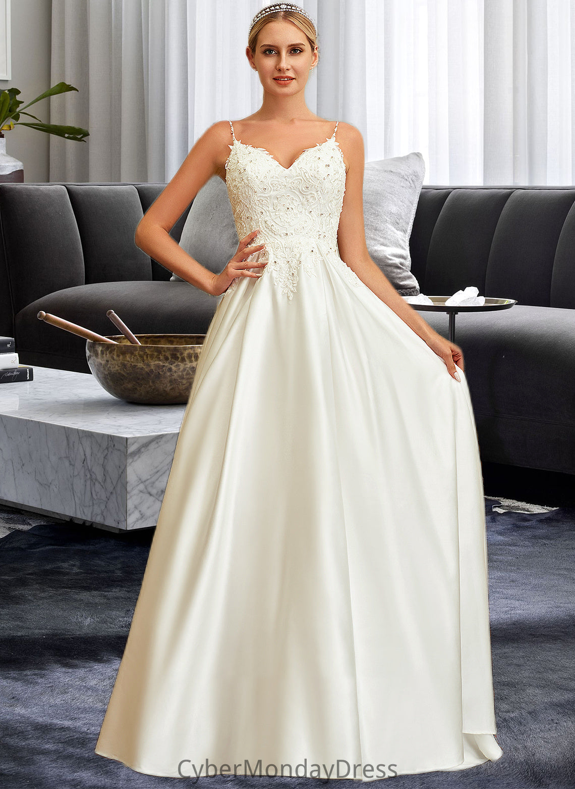 Reagan Ball-Gown/Princess V-neck Sweep Train Satin Lace Wedding Dress With Lace Beading Sequins Pockets DTP0013771