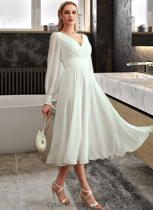 Pamela A-Line V-neck Tea-Length Wedding Dress DTP0013772