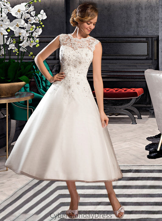 Zoie Ball-Gown/Princess Scoop Neck Tea-Length Tulle Lace Wedding Dress With Beading Sequins DTP0013773