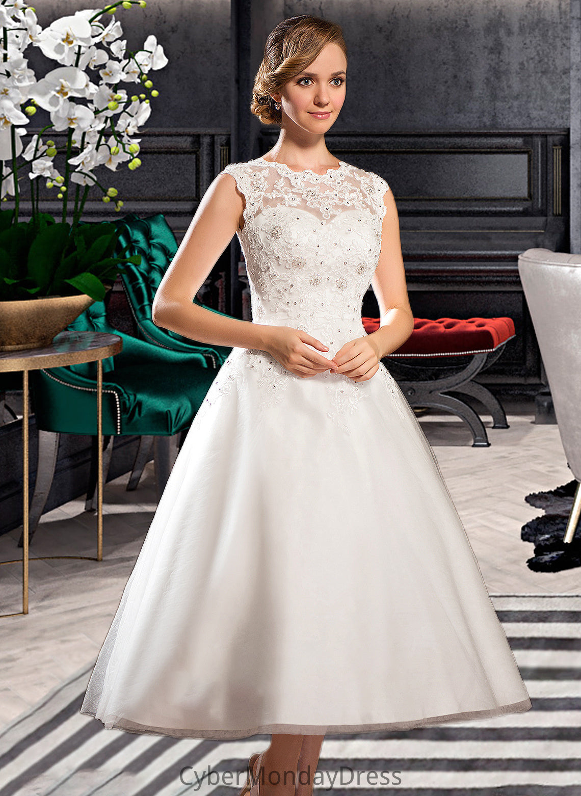 Zoie Ball-Gown/Princess Scoop Neck Tea-Length Tulle Lace Wedding Dress With Beading Sequins DTP0013773