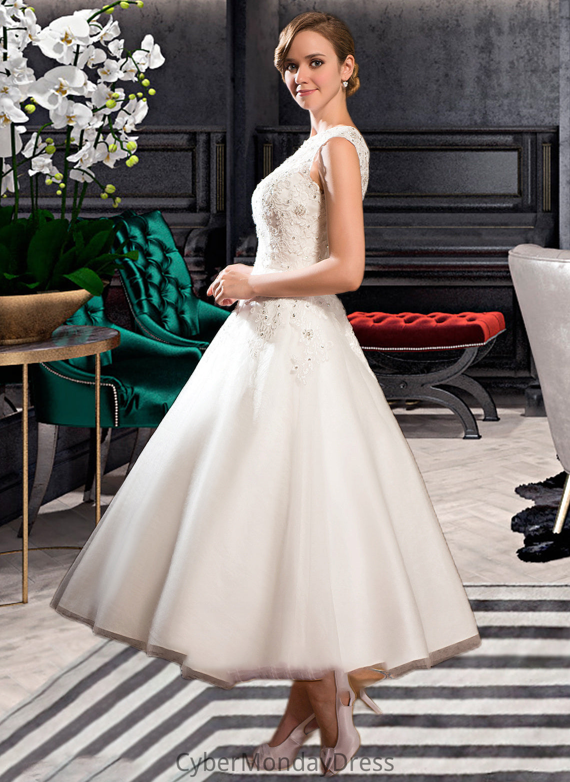 Zoie Ball-Gown/Princess Scoop Neck Tea-Length Tulle Lace Wedding Dress With Beading Sequins DTP0013773