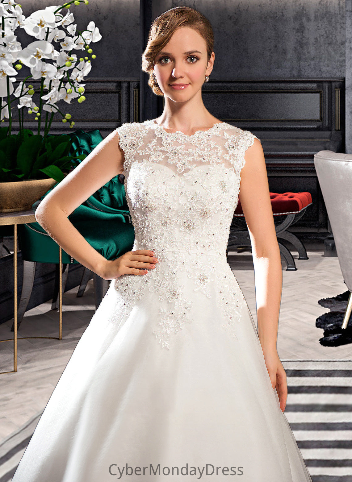 Zoie Ball-Gown/Princess Scoop Neck Tea-Length Tulle Lace Wedding Dress With Beading Sequins DTP0013773