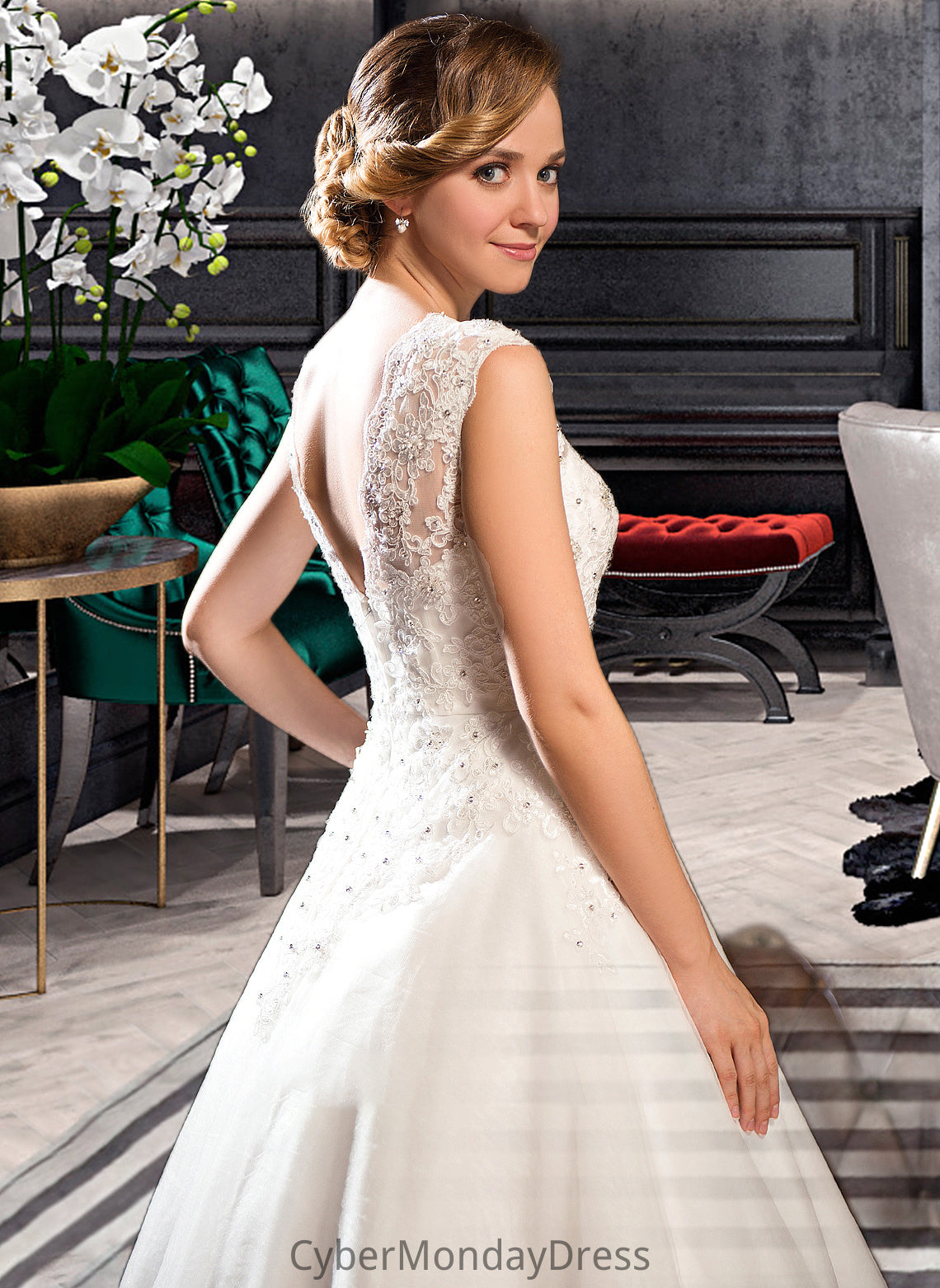 Zoie Ball-Gown/Princess Scoop Neck Tea-Length Tulle Lace Wedding Dress With Beading Sequins DTP0013773