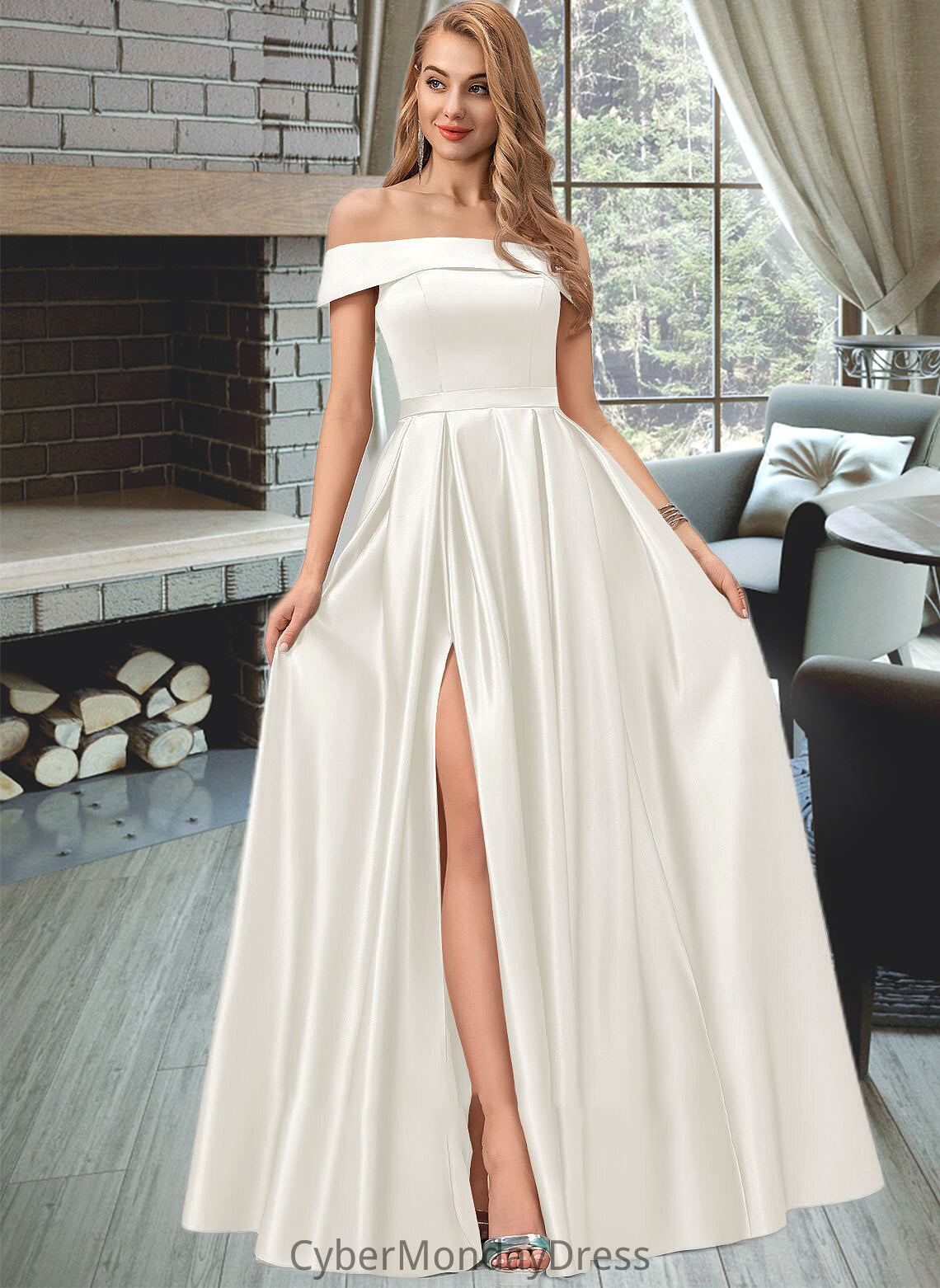 Ciara Ball-Gown/Princess Off-the-Shoulder Floor-Length Satin Wedding Dress With Split Front Pockets DTP0013774