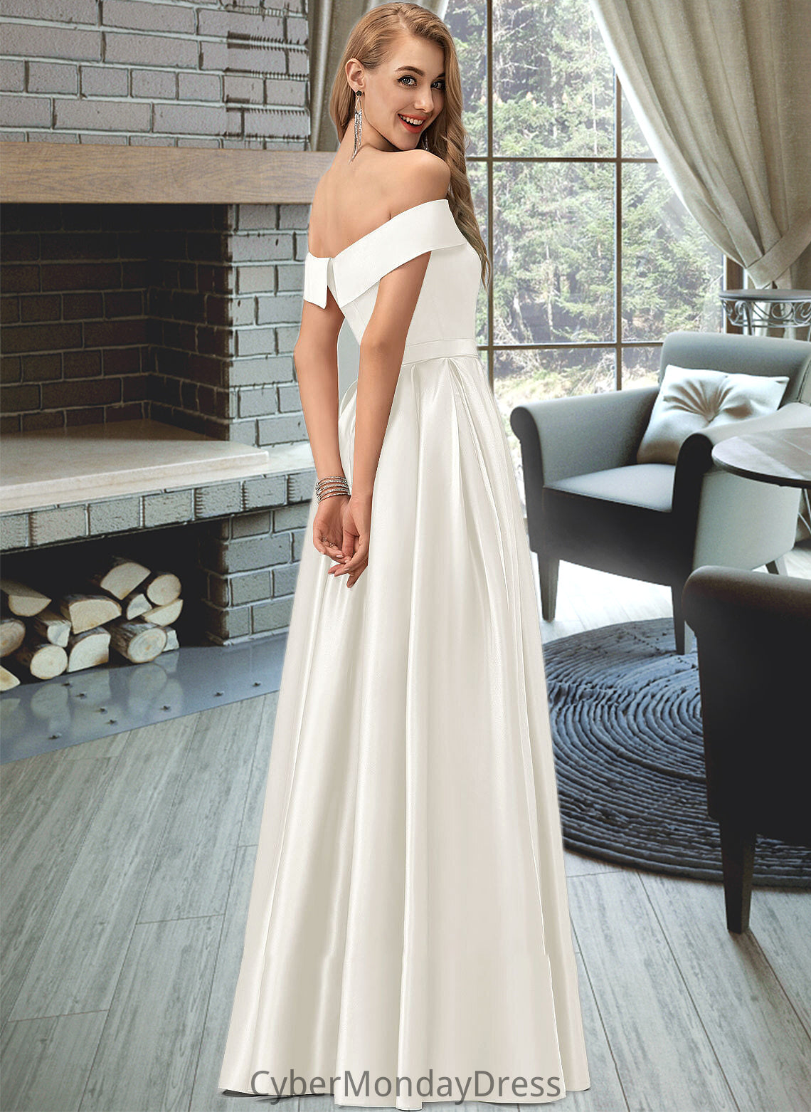 Ciara Ball-Gown/Princess Off-the-Shoulder Floor-Length Satin Wedding Dress With Split Front Pockets DTP0013774